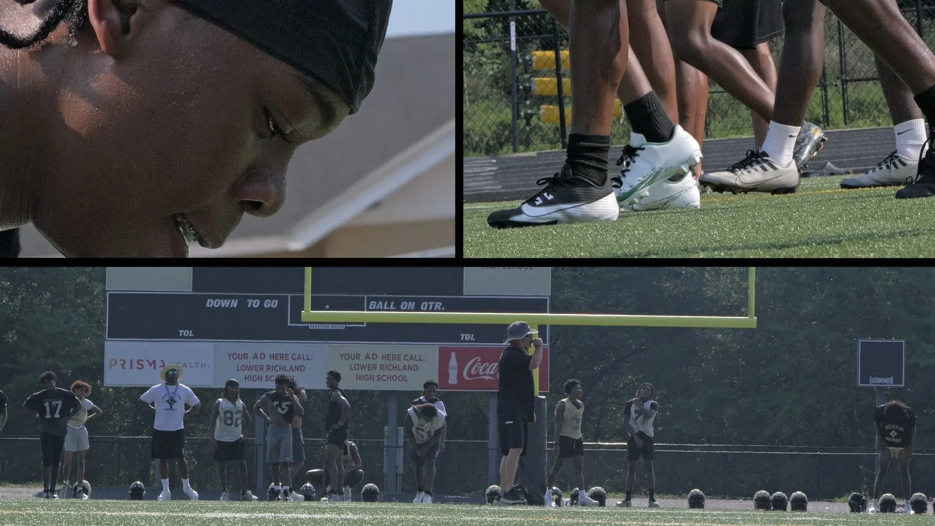 Collage: a player's face mid-rep, cleats on turf, the team on the practice field