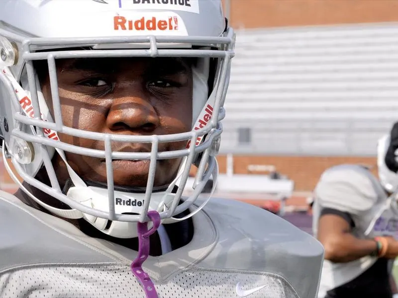 A Ridge View player in his helmet, from the Ridge View promo